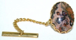 LEOPARDSKIN JASPER 18x13 3/4 x 1/2 INCH OVAL CABOCHON GOLD COLOR BEZEL TIE TACK - Picture 1 of 2