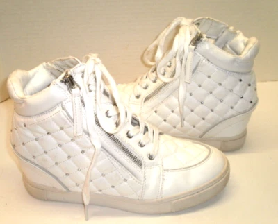 DAVID AaRON SZ 8 M LEATHER WEDGE HIGH TOP SHOES QUILTED PATTERN SILVER STUDS - Image 1 of 4