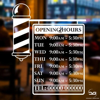 CONCEPT GRAPHICS Barber Pole Opening Times Hours Personalised Custom Window Wall Sign Sticker