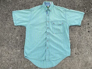 VTG 80s 90s Denim/Green Stripe Button Shirt Surf Skate Retro Hip Hop Vapor M-L - Picture 1 of 11