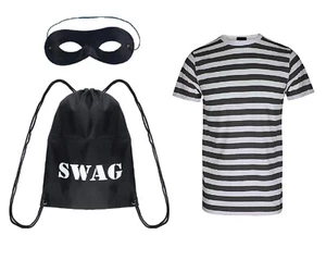 Adults Robber Fancy Dress Costume Loot Swag Bag T shirt Eye Mask Comic Burglar - Picture 1 of 7
