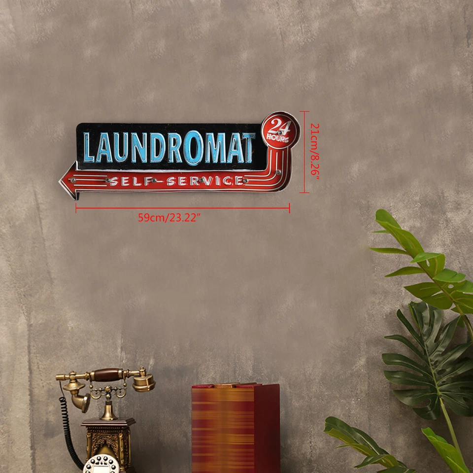Letrero colgante vintage de metal con luz LED lavandería tienda arte decoración de pared Foto 1 de 4