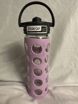 Lifefactory 16oz Glass Water Bottle Purple Silicone Sleeve Gray Classic Flip Cap - Image 1 of 4