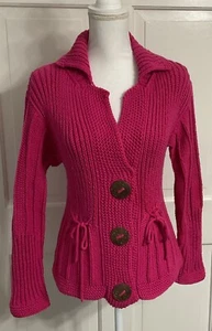 Maglione cardigan donna puro lavorato a mano XS/S rosa grande 3 bottoni - Foto 1 di 9