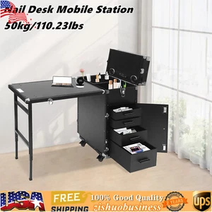 Nail Desk Mobile Station Rolling Makeup Train Case Manicure Table with Speaker - Picture 1 of 18