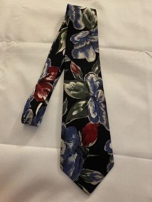 Oleg Cassini 100% Silk Neck Tie Red & Blue Floral Fabric From Italy - Image 1 of 3