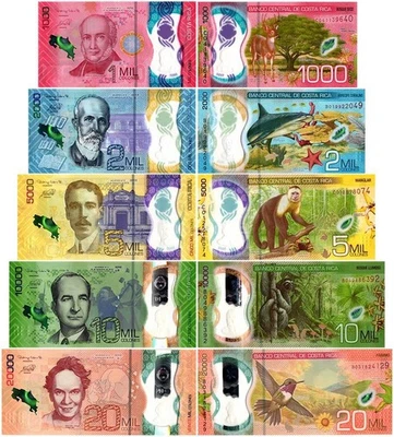 Costa Rica 1000-20000 Colones 5 Piezas Juego Completo, 2018-2019, P-280-284, Polímero UNC Foto 1 de 4