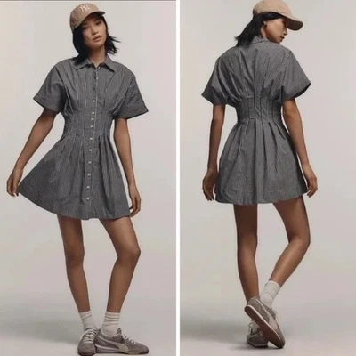 Anthropologie EXQUISE Mini Tobie Shirtdress Dress Charcoal Combo Stripe Women XS - Image 1 of 4