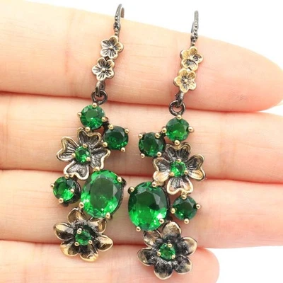 Buy 3 Get 1 Free Floral Pattern Green Emeralies Gift Black Gold Silver Earrings - Image 1 of 3