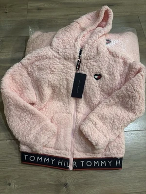 Jaqueta com capuz Tommy Hilfiger meninas Sherpa lã tamanho 6 rosa sombra rosa nova com etiquetas - Imagem 1 de 3