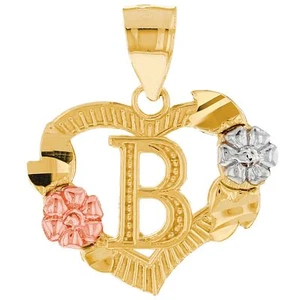 JackAni 10k or 14k Multi-Tone Gold Floral Letter Initial B Heart Pendant - Picture 1 of 5