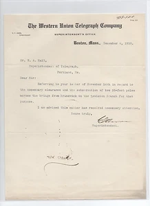 Western Union Telegraph Co. 1910 letter SIGNED by Superintendent Charles F. Ames - Picture 1 of 1