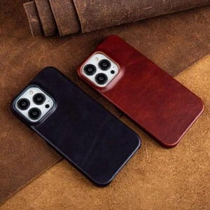 Pour Apple iPhone 14 13 Pro Max 14+ 13 Coque Téléphone Rétro Cuir Véritable Min Cover - Photo 1 sur 15