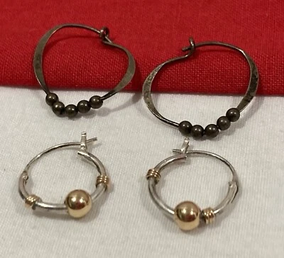 Vintage Unsigned 925 Sterling Silver & Gold Vermeil Beaded HOOP EARRINGS LOT 2 - Imagem 1 de 4