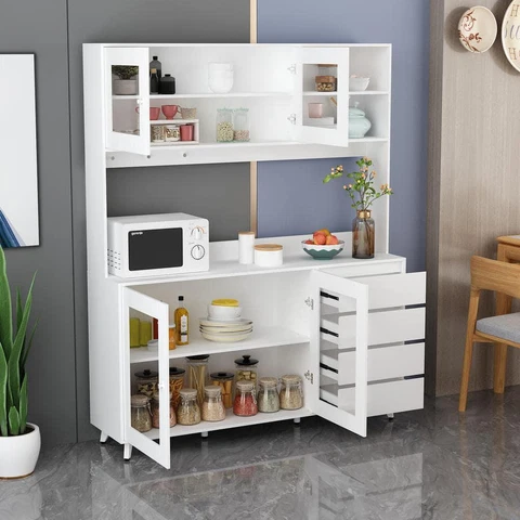 Fufu Gaga Sideboard/Buffet Table 63"W Kitchen White Wood Cabinet w/4-Drawer+Hook Cover