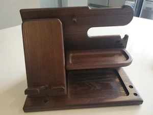 TESLYAR Wood Phone Docking Station Key Holder Wallet Stand Watch Dark Brown New - Photo 1 sur 4