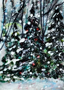 ACEO Original WINTERGEMÄLDE Schnee KIEFER Landschaft Winternacht Weihnachten ATC ART - Bild 1 von 1