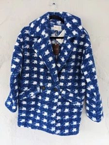 Blue & White Women's Small Checked Print Fleece Coat Long Sleeve Double Breast - Picture 1 of 9