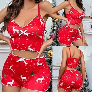 Santa Pajamas Camisole Shorts Set Women Lounge Lingerie Cami Crop Tank Top 2 Pcs - Picture 1 of 24