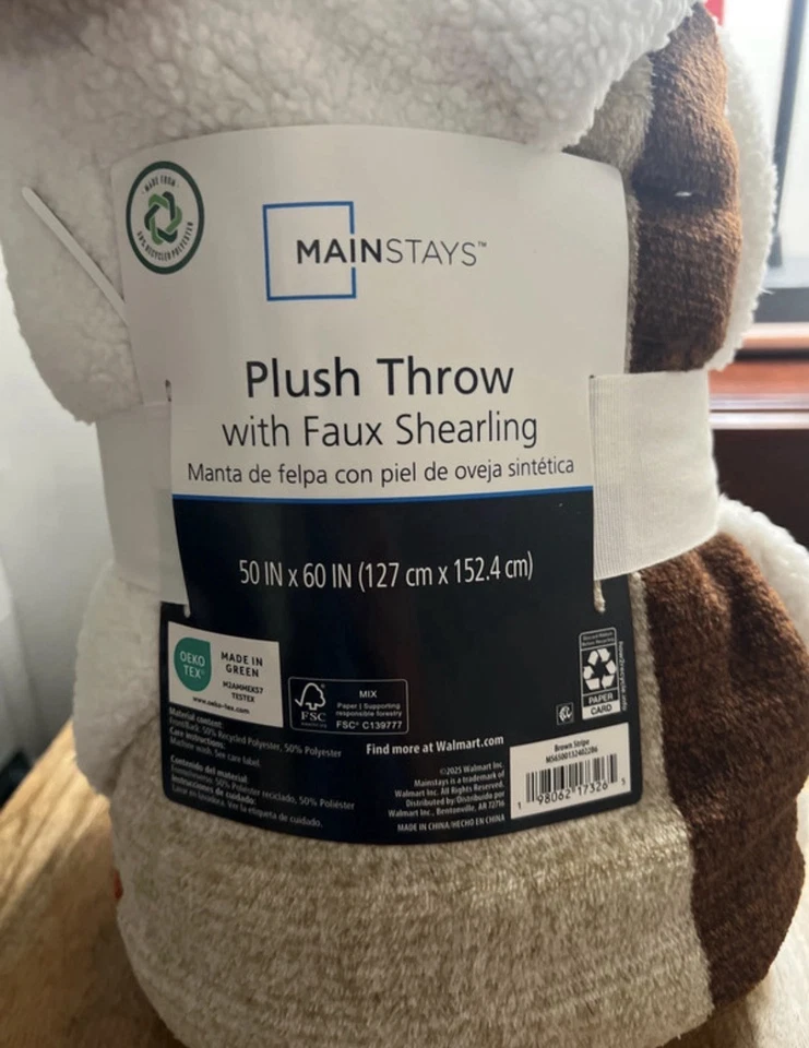 Printed Velvet Plush &  Faux Shearling Soft Throw Blanket,, Brown Stripe 50x60 - Image 1 of 4