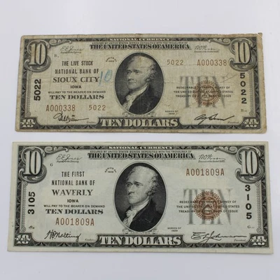 Series 1929 $10 National Banknotes Sioux City & Waverly Iowa NR Lot of 2 #C755-9 - Image 1 of 4