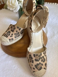 New Vince Camuto Venerly Leather Espadrille Wedges Sandals Cheetah Size 9 W - Picture 1 of 12