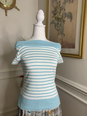 Vintage 90’s/Y2K Rave Stretch striped off-shoulder baby blue and white top - Image 1 of 4