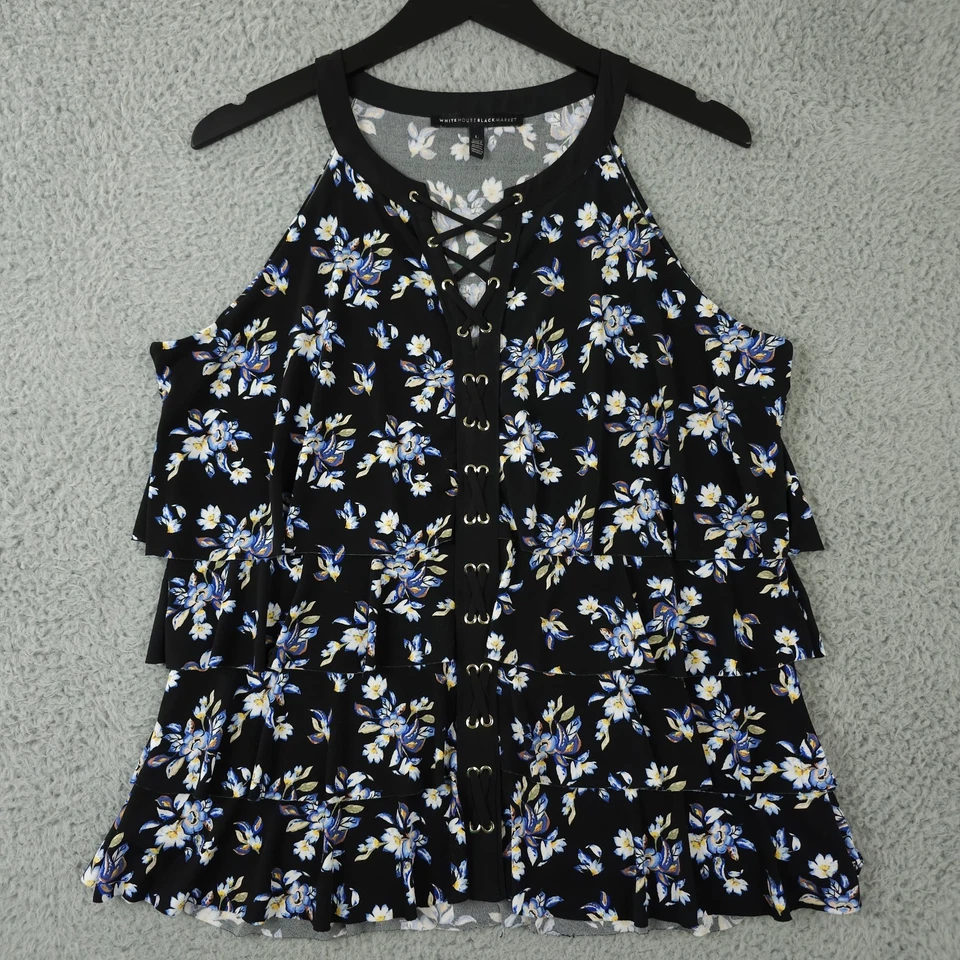 White House Black Market Tank Top Womens Large Black Floral Ruffle Tiered Laced - Image 1 of 4