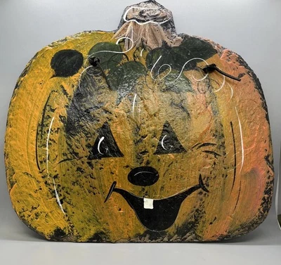 Vintage Adorable Hand Painted Hanging Slate Pumpkin Sign 13” L X 12” H - Image 1 of 3