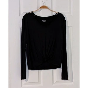 No Boundaries Black Lattice Cold Shoulder Long Sleeve Tie Front Top Medium NWT - Picture 1 of 9