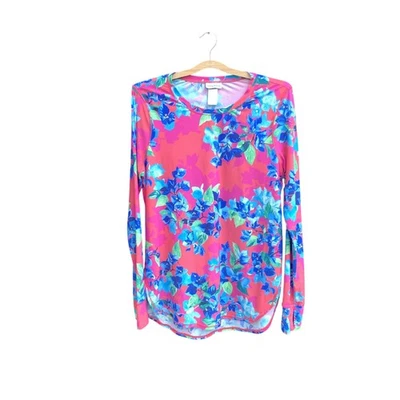 Tommy Bahama Shirt Womens Large Pink Blue Floral Long Sleeve SS500203 Swim UPF - Image 1 of 4