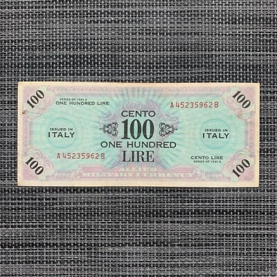 Billete italiano de 100 liras de la Segunda Guerra Mundial 1944 moneda de ocupación aliada Italia Segunda Guerra Mundial Foto 1 de 3
