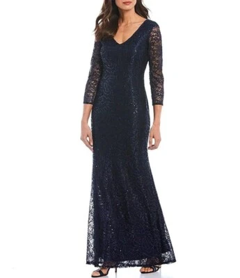 MARINA Navy Blue Sequin Lace V-Neck & Back 3/4 Illusion Sheer Sleeve Gown 22W 3X - Image 1 of 4