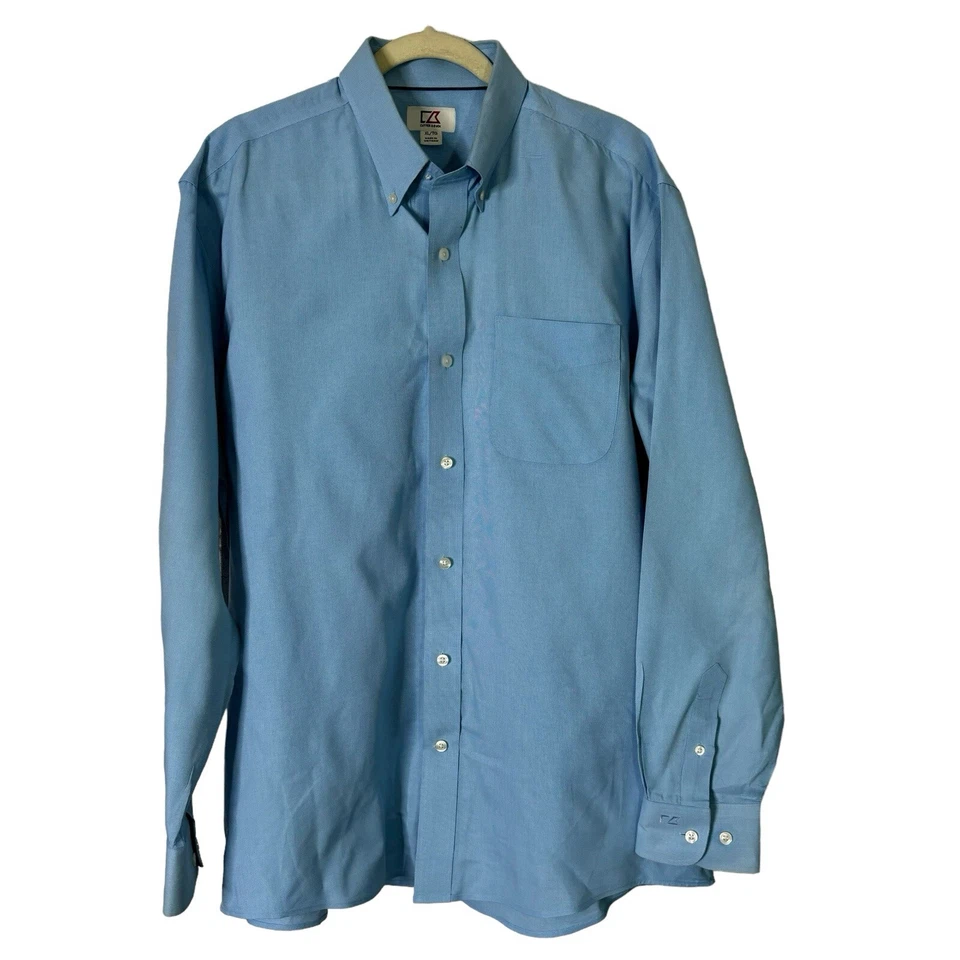 Cutter & Buck Shirt Mens XL Blue Micro Check Button Up Long Sleeve Logo - Image 1 of 4