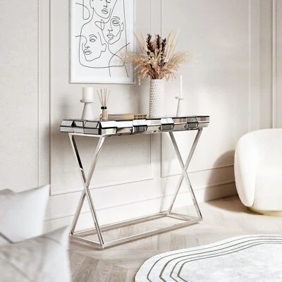 Grey Silver Mirrored Console Table 3D Design Chrome Crossed Legs Bedroom Hallway - Image 1 of 4