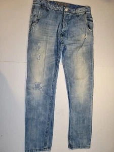 Pantalones de mezclilla Desigual para hombre regulares rectos talla W34 L32 botón mosca rasgado 5 bolsillos azul - Imagen 1 de 9