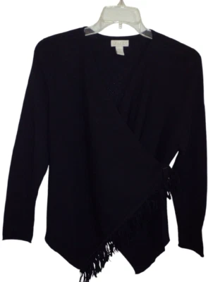 Women's Tweed 100% Italian Merino Wool Black V Neck Fringed LS Wrap Sweater Sz L - Image 1 of 4