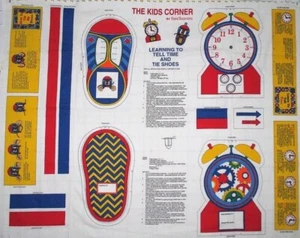 Vtg Kids Corner Learn to Tell Time and Tie Shoes Fabric Panel Craft Cut and Sew - Picture 1 of 6