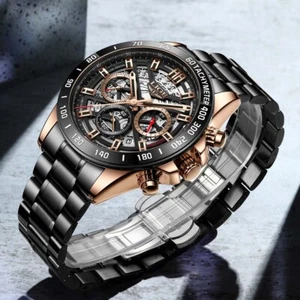 Waterproof LIGE Men's Stainless Steel Analog Sports Quartz Military Wrist Watch - Picture 1 of 9