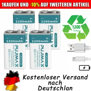 Pack de 4 Baterías Recargables 6F22 9V Baterías 1200mAh 9Volt Li-ion Batería - Imagen 1 de 10