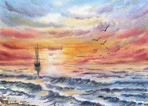 Original Artwork Modern Painting Landscape LONELY FISHERMAN BOAT Art Seascape A5 - Picture 1 of 10