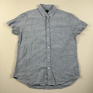 J Crew Linen Blend Short Sleeve Button Down Pocket Shirt Men’s Large Blue Preppy - Picture 1 of 8