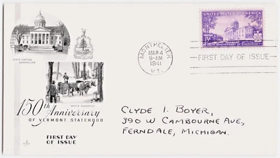 150th Anniversary Of Vermont Statehood 1941 First Day Cover Stamp Art Craft - Image 1 of 2