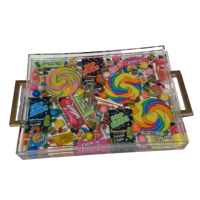Colorful Y2K Candy Acrylic/Epoxy Serving Tray W/ Brass Pulls - Image 1 of 4