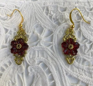 VIKTORIANISCHE STL Blume filigran HELLROT ACRYL KRISTALL GOLD col MESSING OHRRINGE - Bild 1 von 6