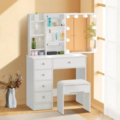 Dressing Table  Makeup Desk Vanity Set White Mirror Drawers Stool - Image 1 of 4