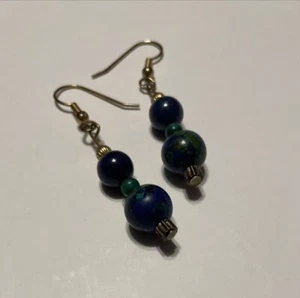 Blue Green Sphere 3 Bead World Dangle 2” Earrings - Picture 1 of 3