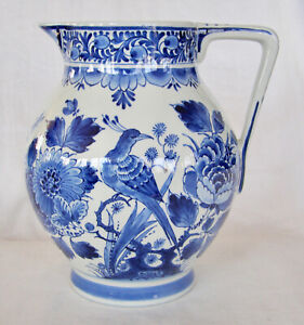VINTAGE DELFT BLUE & WHITE LARGE WATER JUG - HAND PAINTED- BIRD, FLOWERS+BORDERS