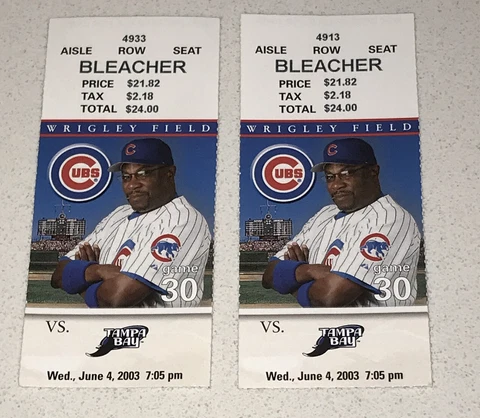 6/4/03 Tampa Bay Devil Rays / Chicago Cubs BLEACHER Game Used MLB Ticket Stub Cover