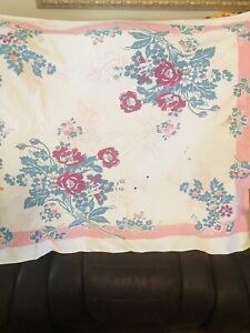 Vtg Rectangle pink plum floral cotton tablecloth Sz 41.5 x 50.5  Craft Material